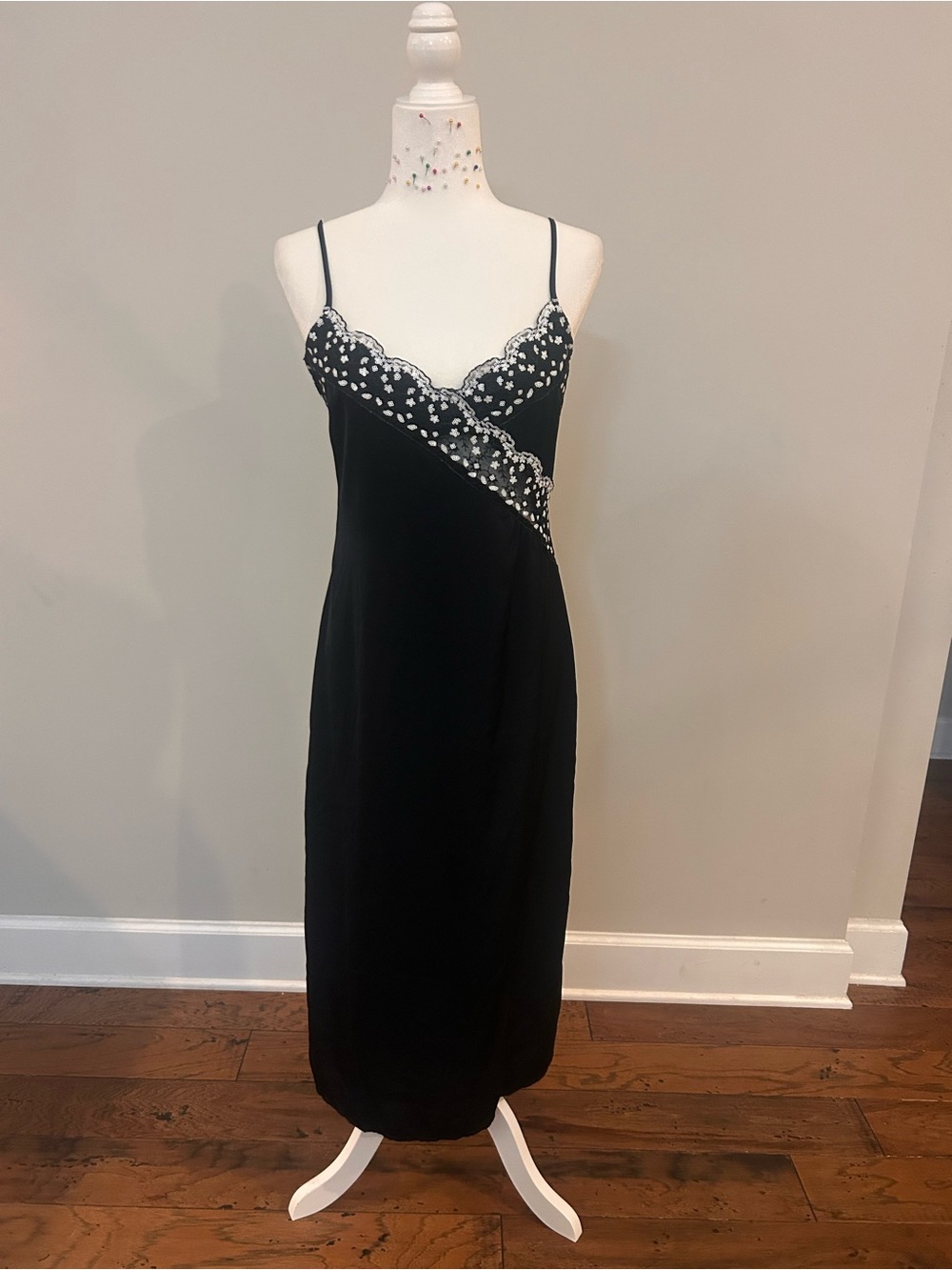 90s Black Slip Dress with White Lace Trim